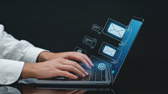 Hands typing on a laptop keyboard as digital email icons float from the screen in a conceptual representation of electronic communication and digital messaging technology.