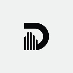 Modern black letter d logo with abstract cityscape silhouette