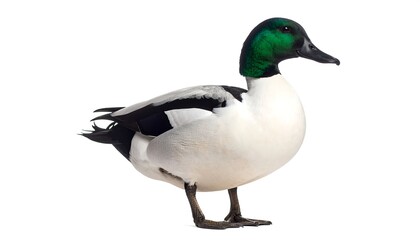 Profile view of a waterfowl with a white body, black and white wings, a green head, and a black beak