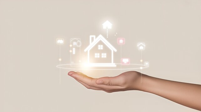 A hand gently holds a glowing digital representation of a house, symbolizing home ownership and smart home technology.