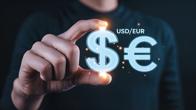A person is holding the dollar and euro currency symbols between their fingers, representing foreign exchange and financial markets.