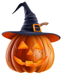 Halloween jack-o'-lantern pumpkin wearing a witch hat, 3d render illustration isolated on transparent background