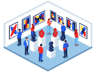 Art Gallery Exhibition Displaying Paintings and Sculptures with Visitors Admiring the Artwork in a Modern Museum Setting
