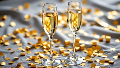 Celebratory Toast with Champagne Flutes and Golden Confetti