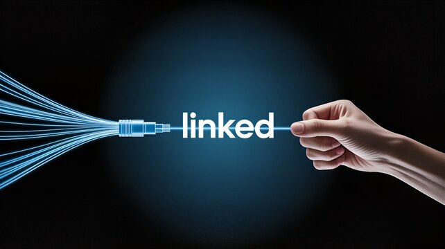 A hand connects a glowing fiber optic cable to a central point, symbolizing data flow and digital connectivity.