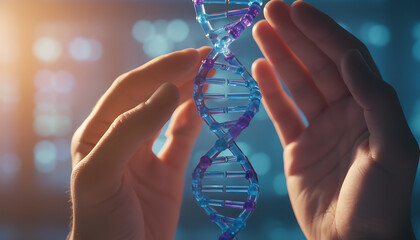 Hands delicately holding a DNA strand representing genetic research and innovation