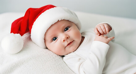 Red Santa Hat on Infant Lying on White Bedding