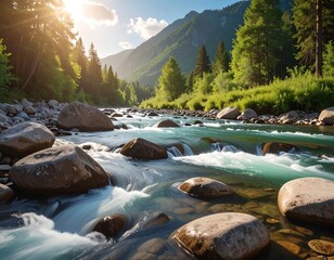 Scenic river flows through valley, sunlight filters