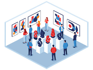 Isometric view of an art gallery with visitors admiring paintings and sculptures, an engaging scene