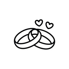 Simple line art of two intertwined wedding rings with hearts