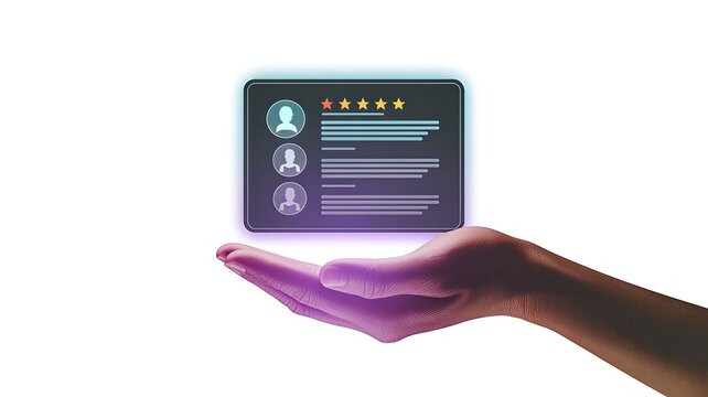 A hand holds a glowing digital profile card displaying user avatars, ratings, and text content on a clean white background.