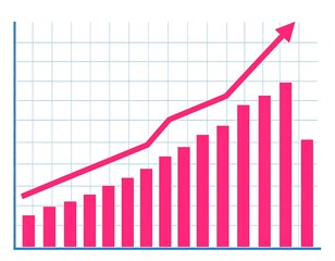 A vibrant pink upward trending line graph superimposed over a grid, depicting statistical increase and growth visually