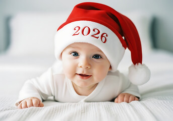 Red Santa Hat on Infant Lying on White Bedding