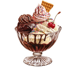 Sweet dessert ice cream sundae with chocolate, vanilla, sprinkles, cherry isolated on transparent background
