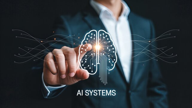 A businessman interacts with a glowing digital brain representing artificial intelligence systems, symbolizing innovation and technological advancement in business operations.