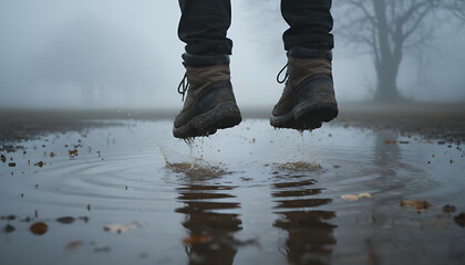 Adventurous explorer jumps in a puddle creating a splash with durable boots