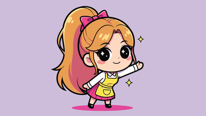 Adorable cartoon girl character with blonde ponytail pink bow and yellow apron smiling and waving.