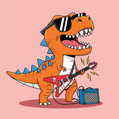 Cool cartoon TRex dinosaur rocking out with electric guitar sunglasses and amplifier. © Caroline Studio
