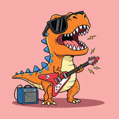 Cool cartoon TRex dinosaur rockstar playing electric guitar with sunglasses. © Caroline Studio