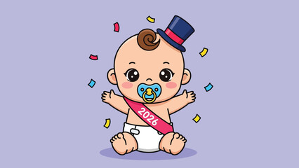 Cute cartoon baby celebrating New Year 2026 with top hat pacifier and confetti 1.