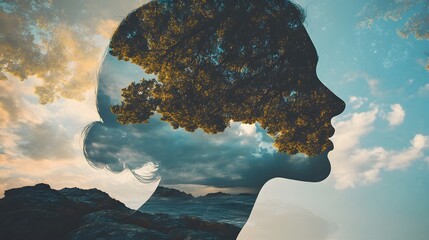 A woman's silhouette with a tree growing inside her head, set against a cloudy sky, representing the connection between nature and human consciousness.