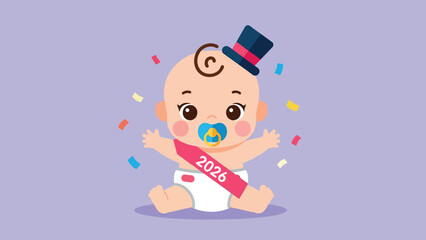Cute cartoon baby celebrating New Year 2026 with top hat pacifier and confetti.