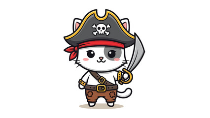 Cute cartoon cat pirate character holding a sword and wearing a skull and crossbones hat.