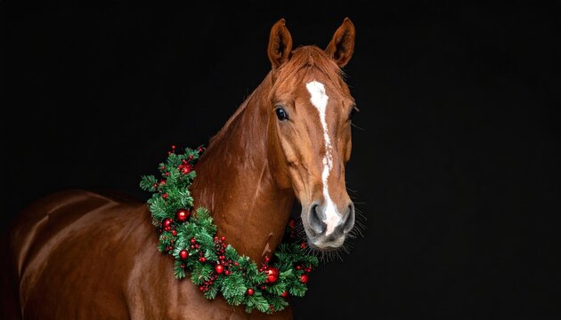 Elegant brown horse wearing a festive Christmas wreath against a dark background.