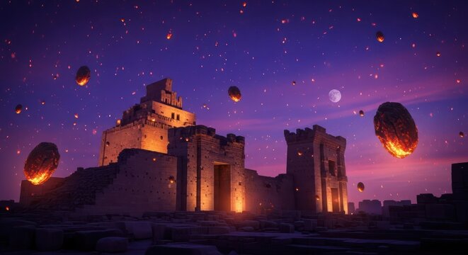 Mystical ancient fortress illuminated by floating lanterns under the twilight sky - Powered by Adobe