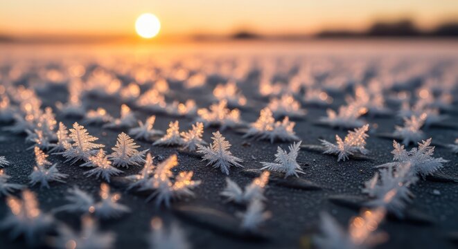 Golden hour frost formations on a cold surface create a winter wonderland landscape - Powered by Adobe