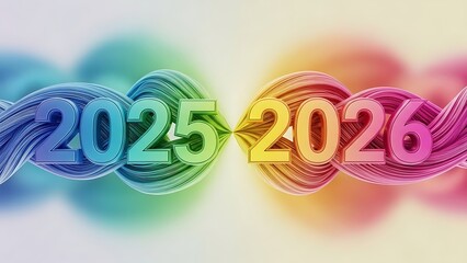 Vibrant abstract wave design showcasing the transition from the year 2025 to 2026 with colorful digital art