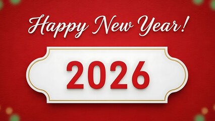 Festive happy new year 2026 greeting with bold red numbers on a decorative white plaque against a vibrant red background