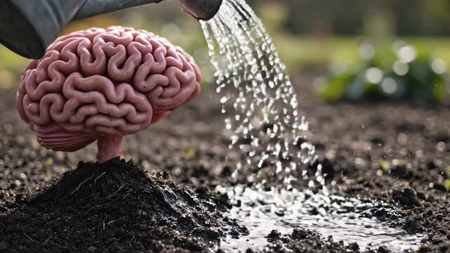 Watering brain in soil representing growth and learning