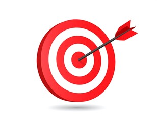 A 3D illustration of a classic target with concentric red and white circles, pierced by a single red arrow