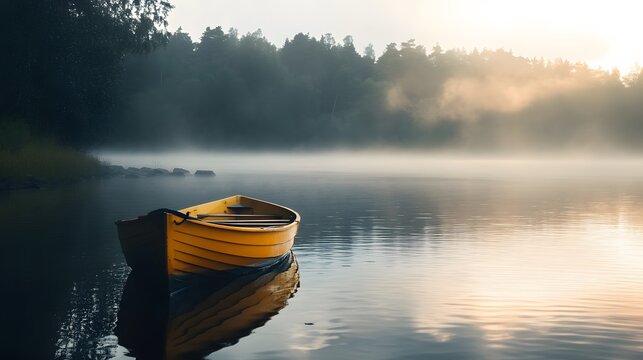 A yellow rowboat sits on a still lake with fog rolling in from the forest in the distance.  The sun is rising behind the forest, casting a warm glow on the scene.