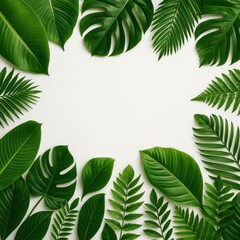 Fototapeta premium Ultra wide panoramic composition of layered tropical Asian rainforest leaves forming dense jungle canopy top and bottom