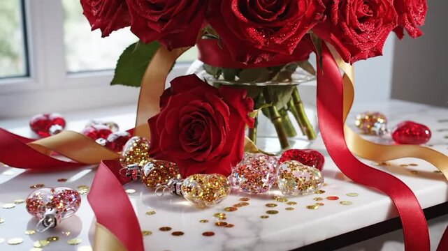 A vibrant bouquet of red roses with decorative ribbons and chocolates on a windowsill.