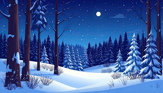 Enchanting Winter Forest Scene Under a Full Moon and Falling Snow.