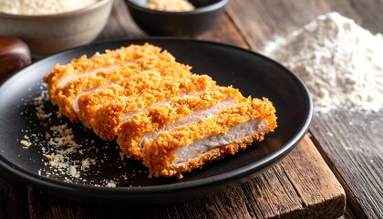 Sliced, golden-fried cutlet on a black plate with scattered crumbs and flour