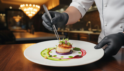 Chef expertly plates stunning seared scallop dish with microgreens for fine dining