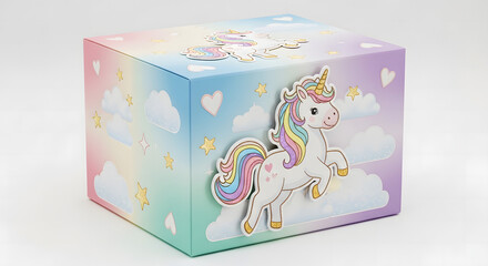 Cute Unicorn Box with Rainbow and Clouds Design.