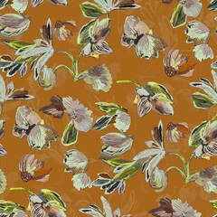 seamless floral pattern orange background stock Design Abstract art watercolor flower creative allover design new concept textile design digital creators art design repeat pattern fabric print 
