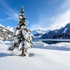 Snowy landscape evergreen tree, mountain lake, and a clear, blue sky