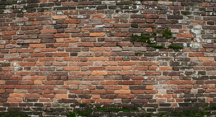 Rustic Weathered Brick Wall Texture with Moss and Grime.