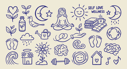 A harmonious collection of hand-drawn doodle icons illustrating self-love, holistic wellness, and mindfulness practices for a balanced, healthy lifestyle promoting mental and physical well-being