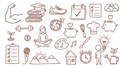 Diverse hand-drawn line art icons illustrating personal growth, life balance, and aspiration, encompassing health, education, finance, creativity, travel, and wellness, reflecting a journey of