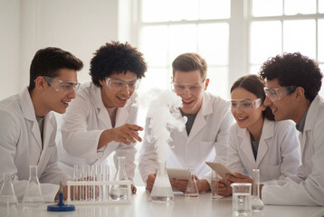 Diverse students enthusiastically observing a science experiment