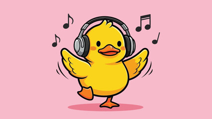 Cute yellow cartoon duckling wearing headphones enjoying music with floating notes.