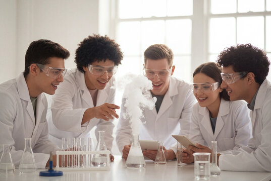 Diverse students enthusiastically observing a science experiment