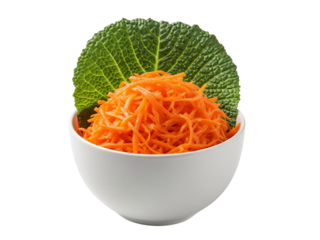 Grated carrots on a white bowl, white background isolated
